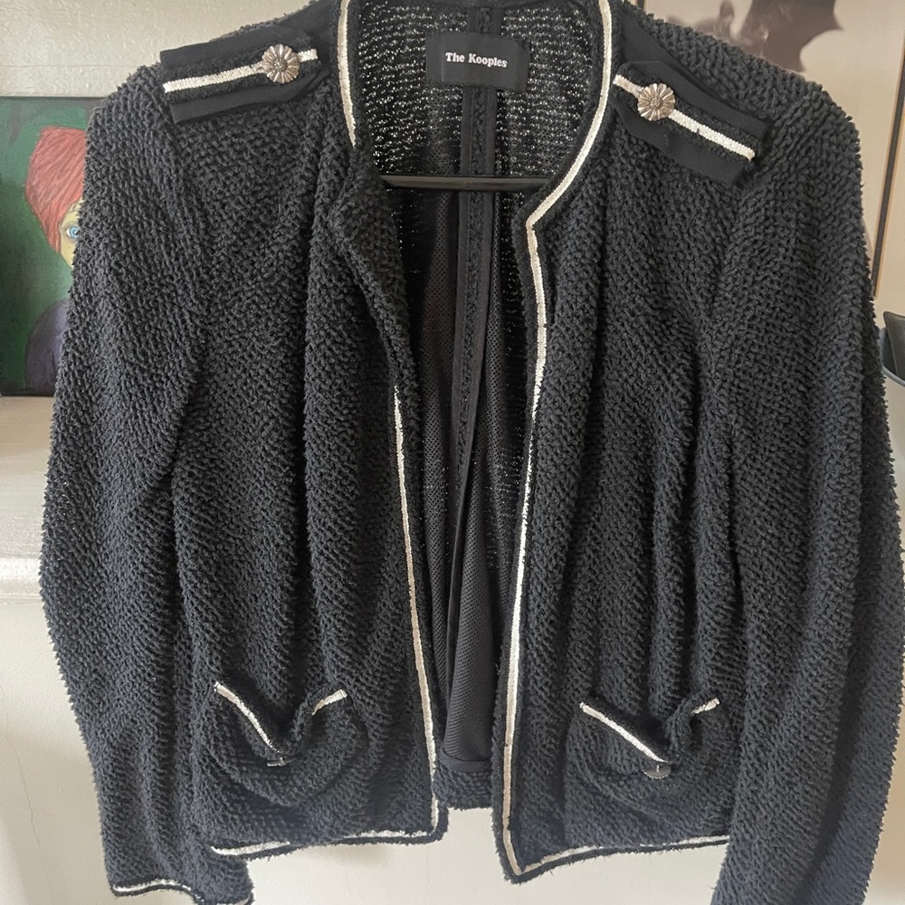 The Kooples Black Bouclé Jacket with White Trim and Silver Buttons